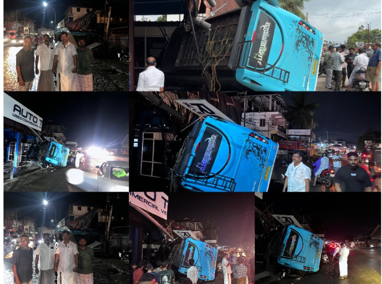 മൂവാറ്റുപുഴയിൽ മിനി ബസ് ഷോറൂമിലേക്ക് ഇടിച്ചുകയറി മറിഞ്ഞു ; 17 പേർക്ക് പരുക്ക്